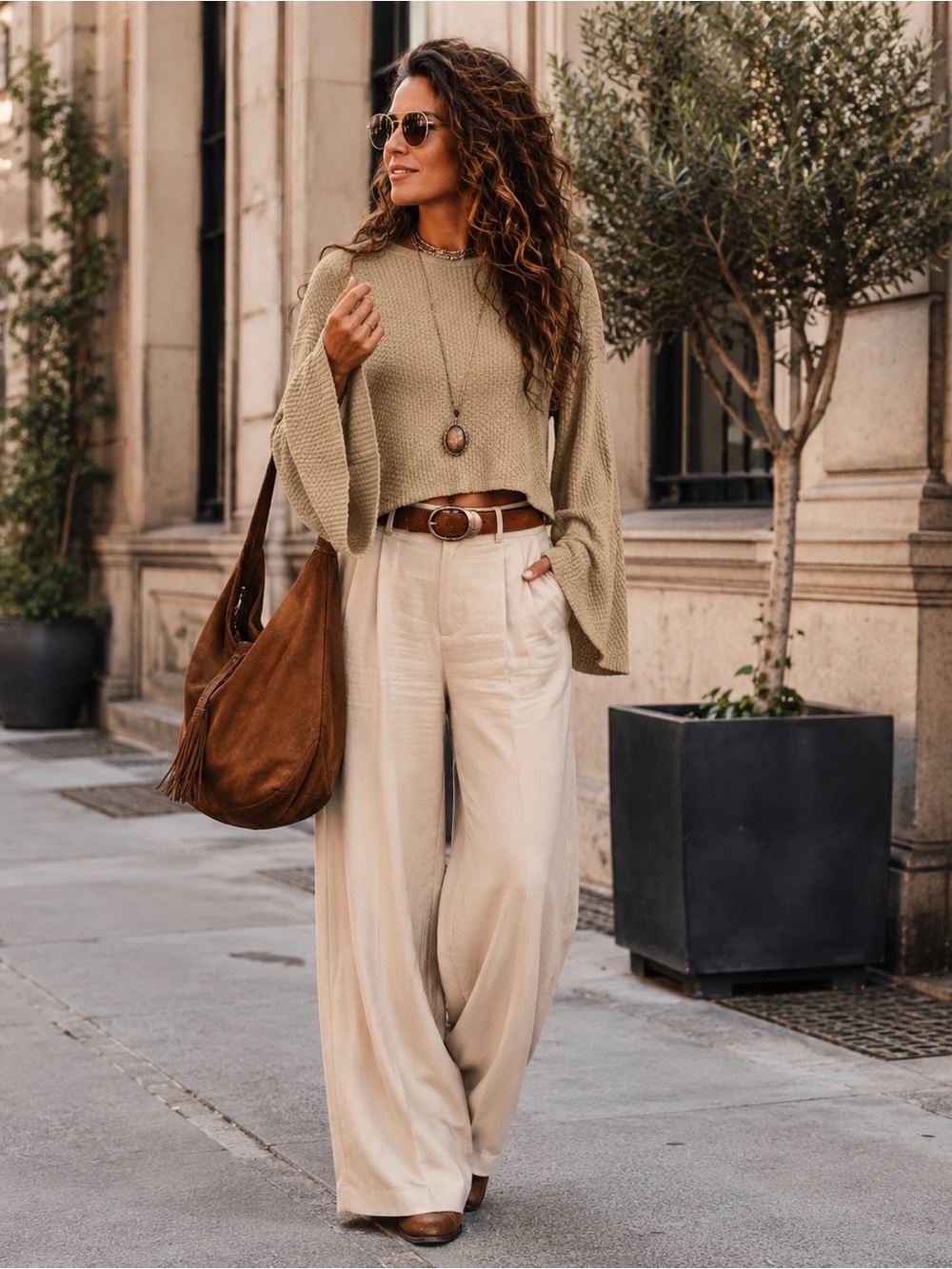 URBAN RENEWEL Women's Beige Tan Textured Knit Long Bell Sleeves Crop Top L